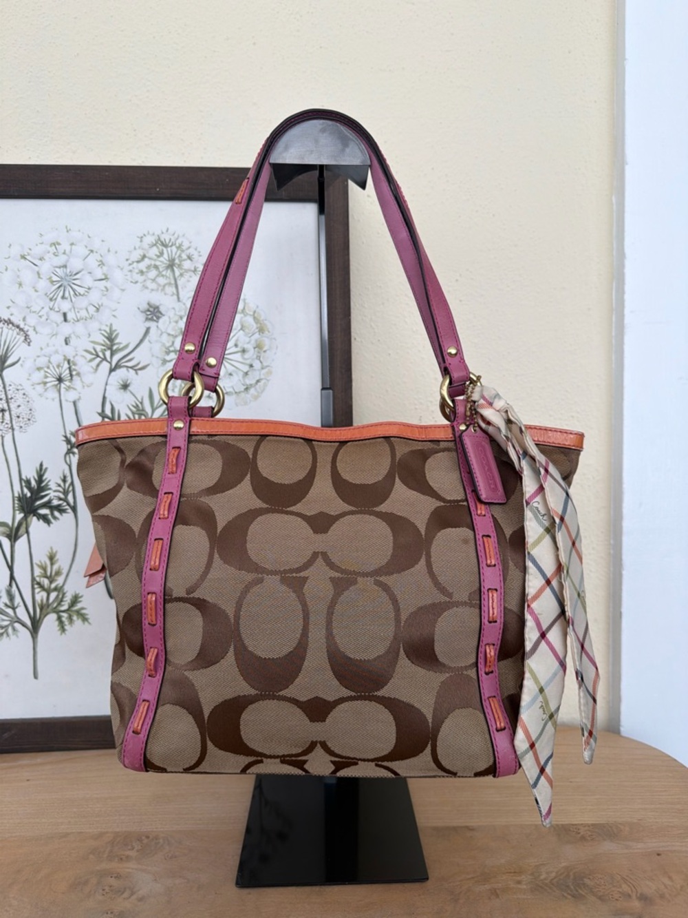 Coach Brown Signature Tote with Pink and Orange Trim